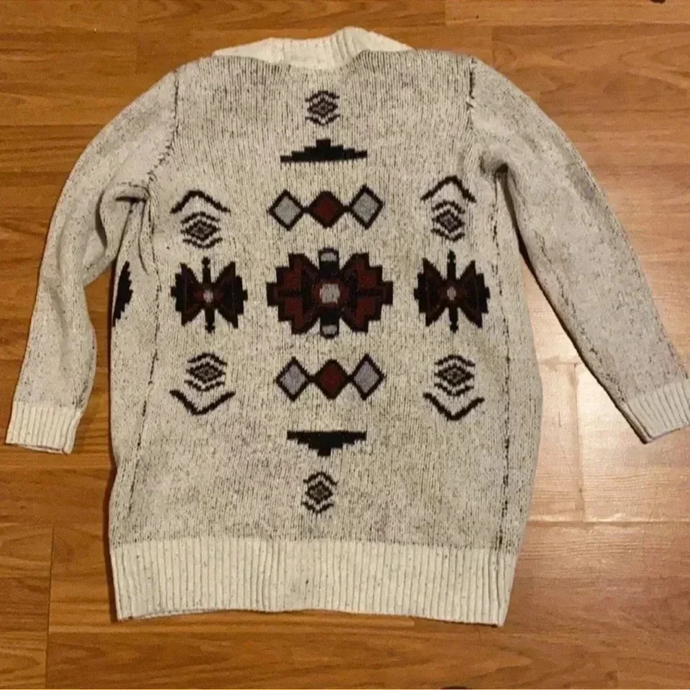 LondonKayn Boho Western Rustic Aztec Print Open Front Cream sweater cardigan SzS - Picture 3 of 4